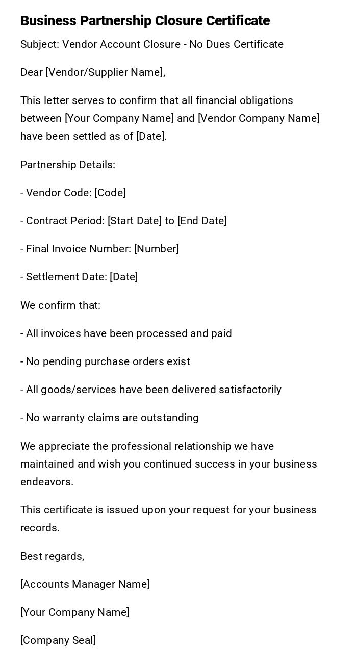 Business Partnership Closure Certificate