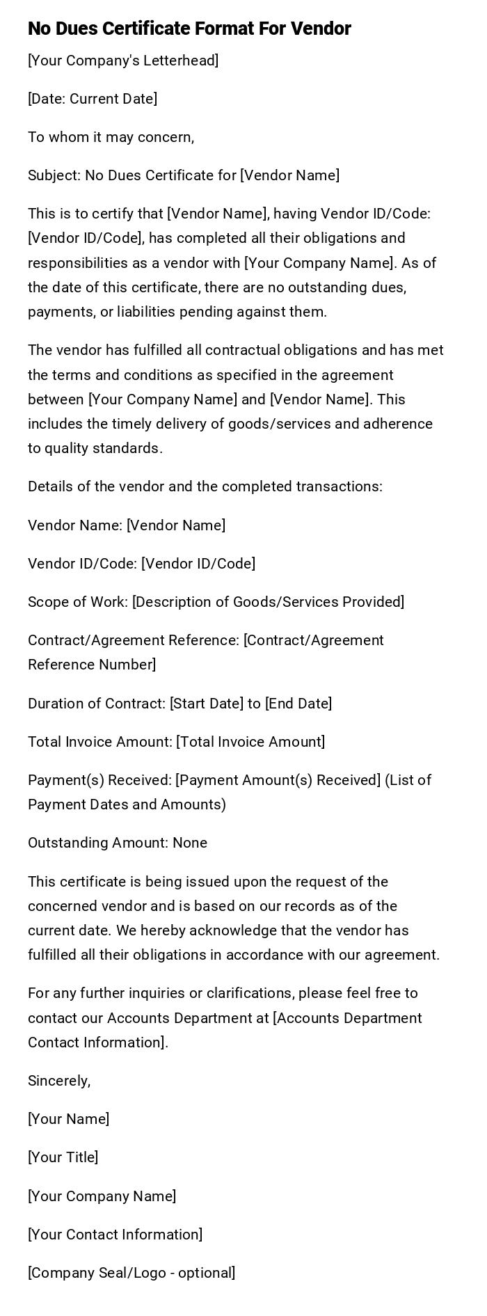 No Dues Certificate Format For Vendor