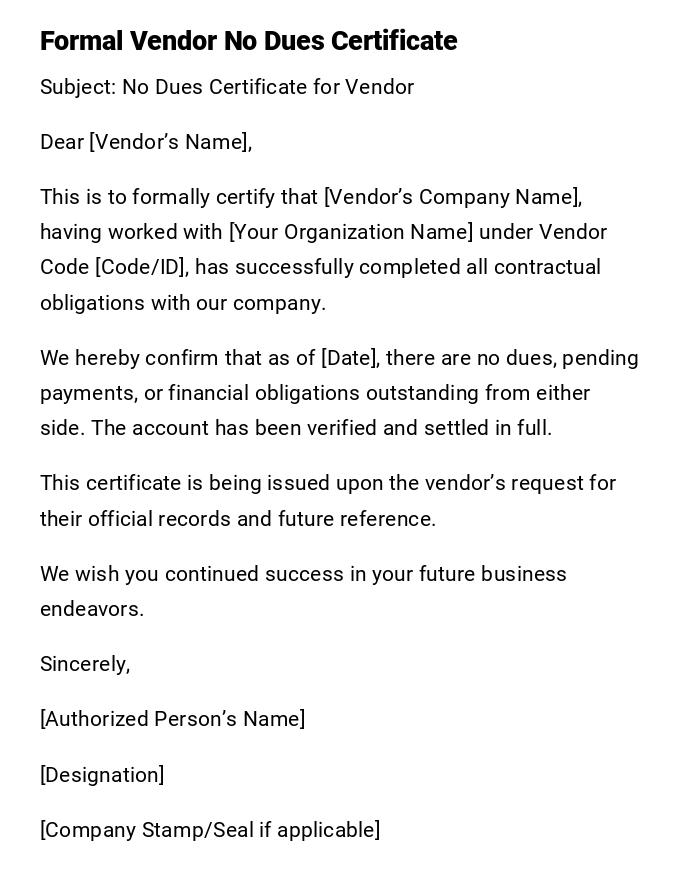 Formal Vendor No Dues Certificate Formal Vendor No Dues Certificate