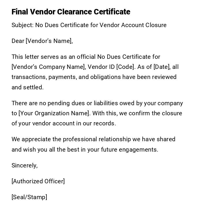 Final Vendor Clearance Certificate Final Vendor Clearance Certificate