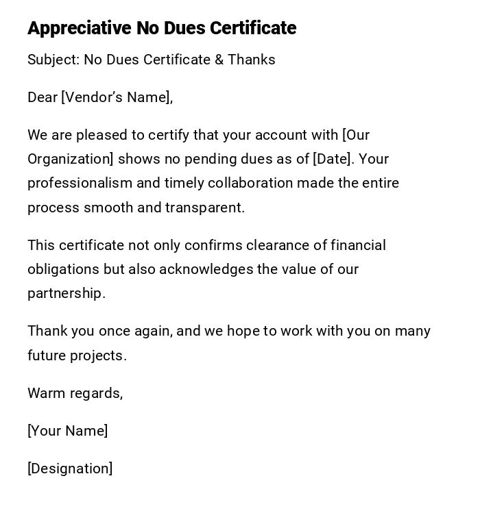 Appreciative No Dues Certificate Appreciative No Dues Certificate