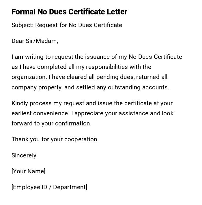 Formal No Dues Certificate Letter Formal No Dues Certificate Letter