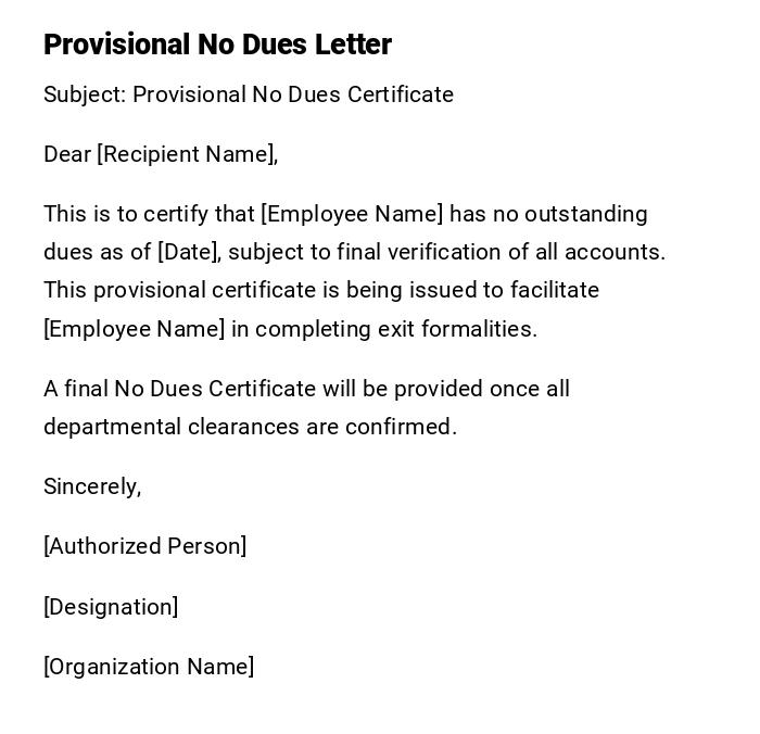 Provisional No Dues Letter Provisional No Dues Letter