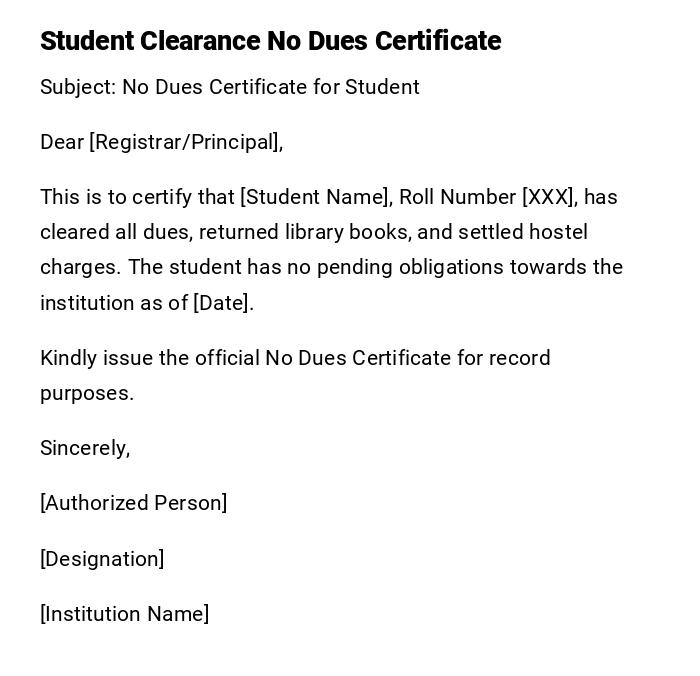 Student Clearance No Dues Certificate Student Clearance No Dues Certificate