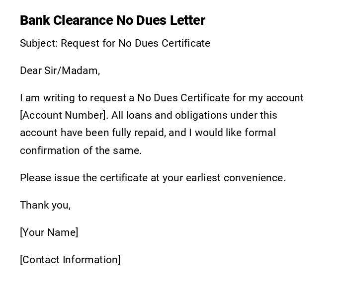Bank Clearance No Dues Letter Bank Clearance No Dues Letter