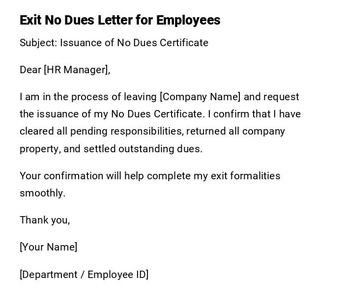 Exit No Dues Letter for Employees Exit No Dues Letter for Employees