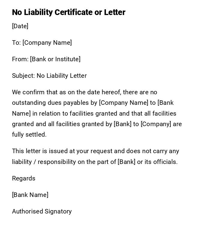 No Liability Certificate or Letter