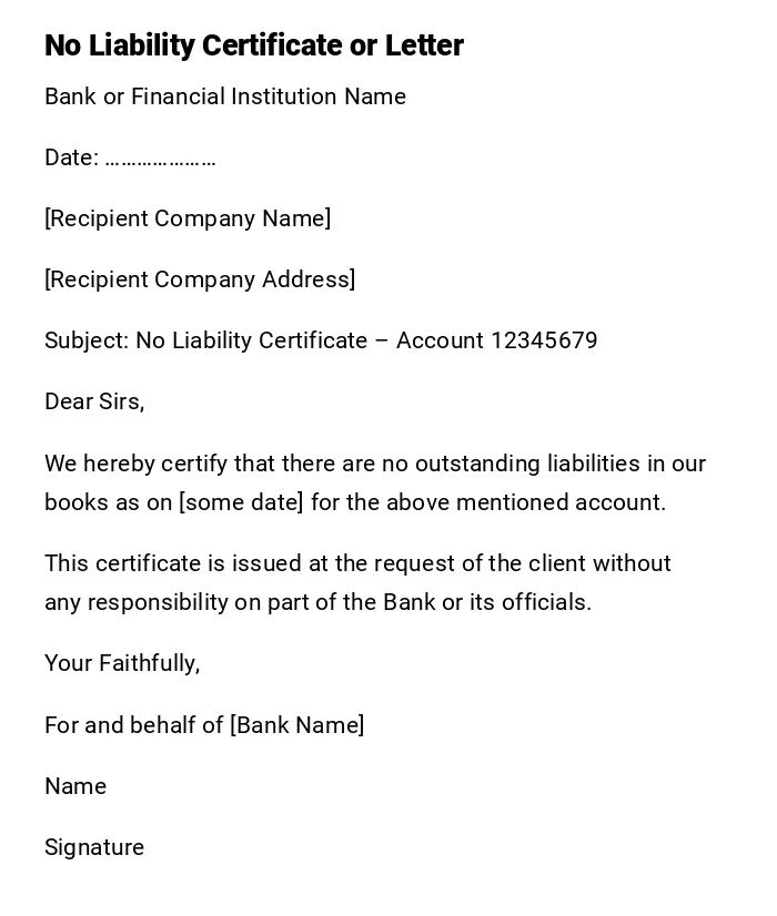 No Liability Certificate or Letter