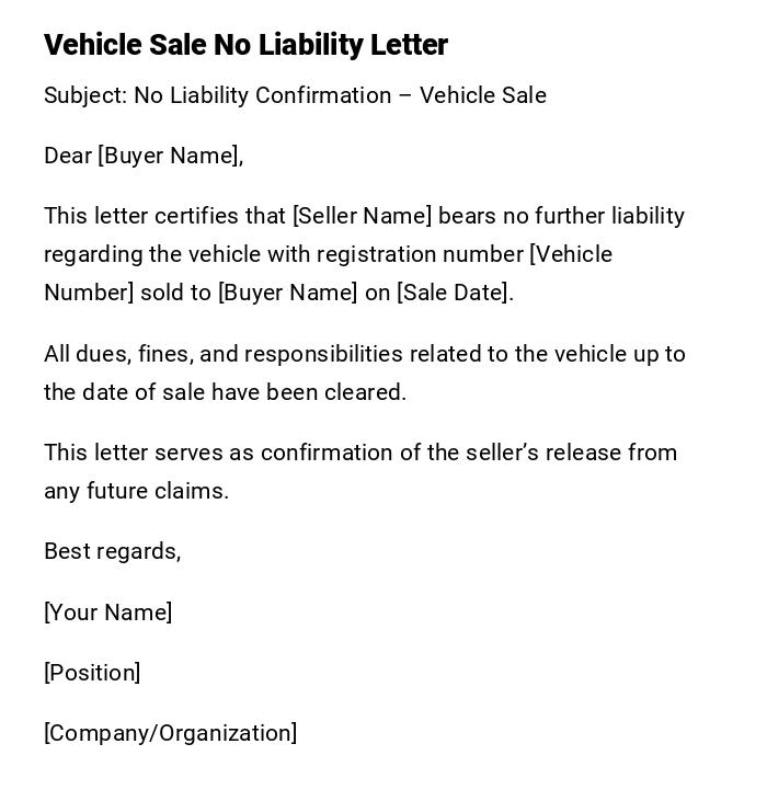 Vehicle Sale No Liability Letter Vehicle Sale No Liability Letter