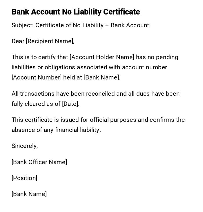 Bank Account No Liability Certificate Bank Account No Liability Certificate