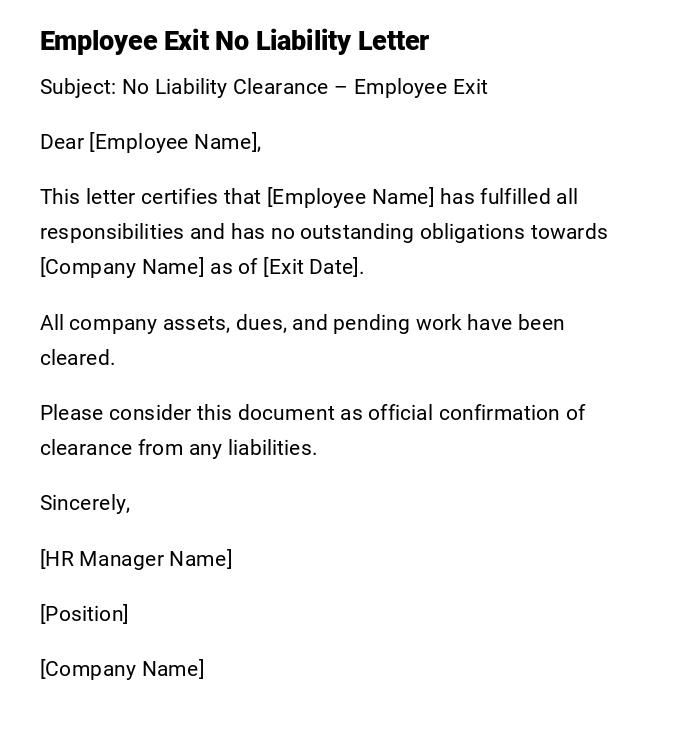 Employee Exit No Liability Letter Employee Exit No Liability Letter