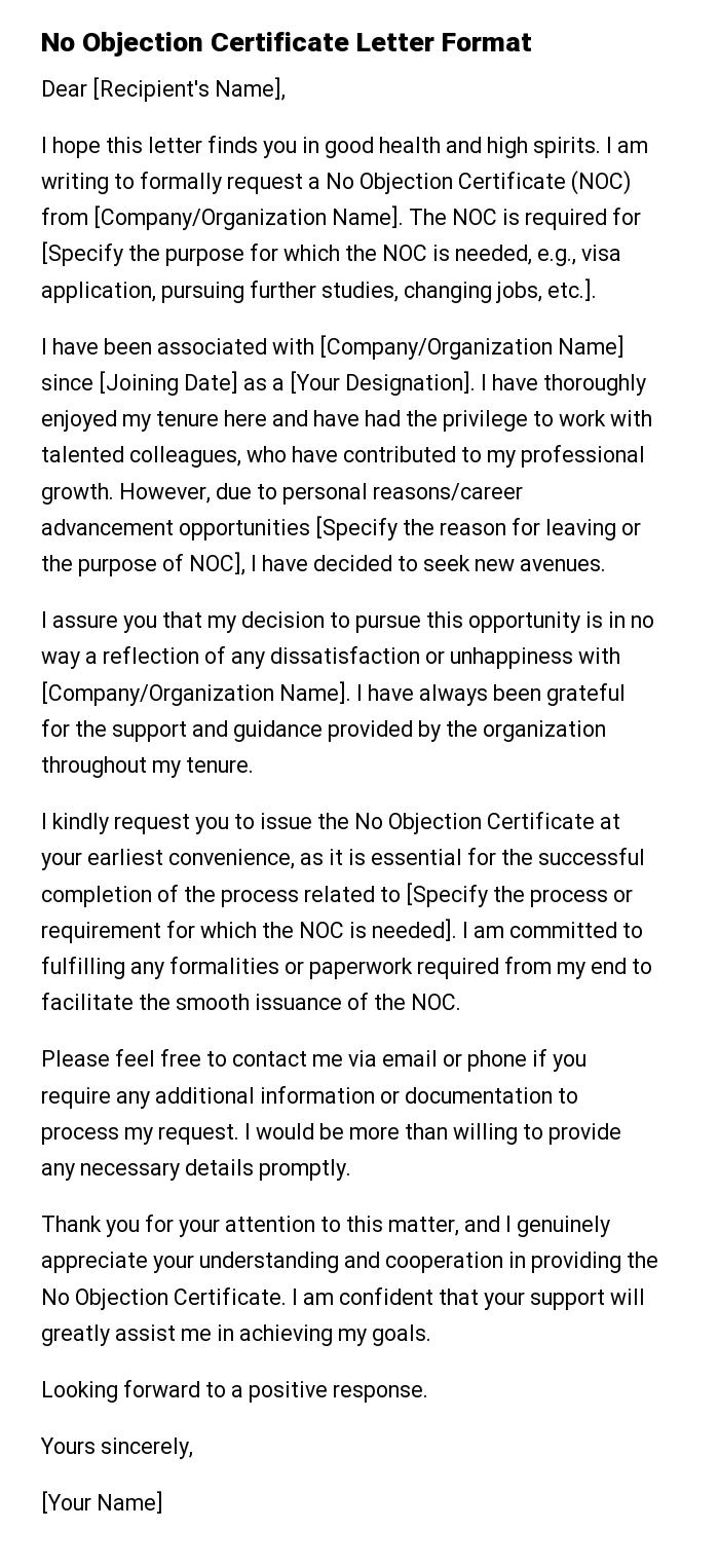 No Objection Certificate Letter Format