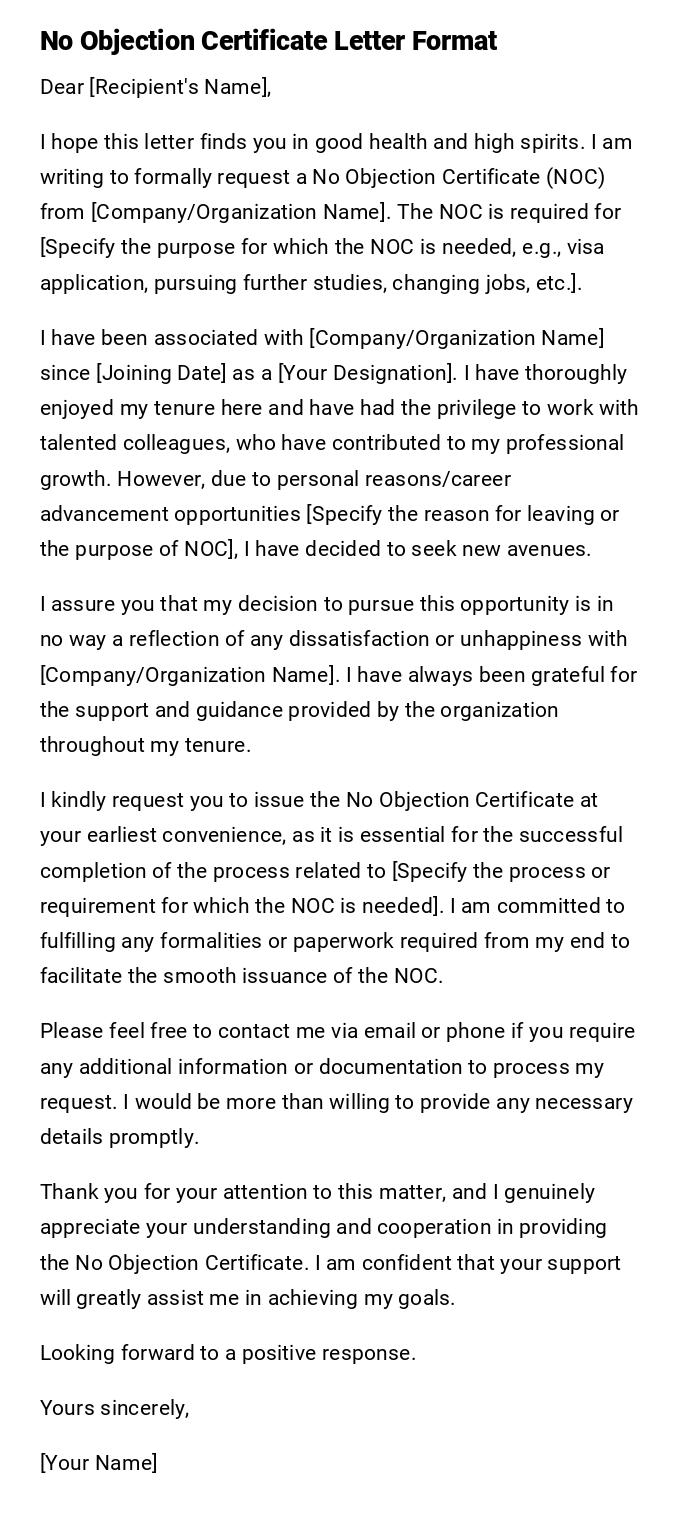 No Objection Certificate Letter Format