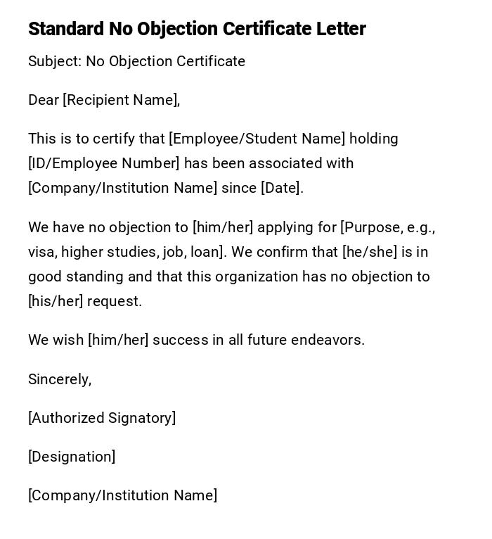 Standard No Objection Certificate Letter Standard No Objection Certificate Letter