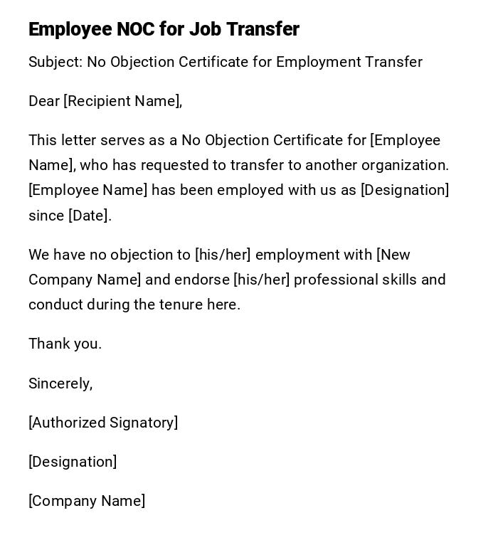 Employee NOC for Job Transfer Employee NOC for Job Transfer