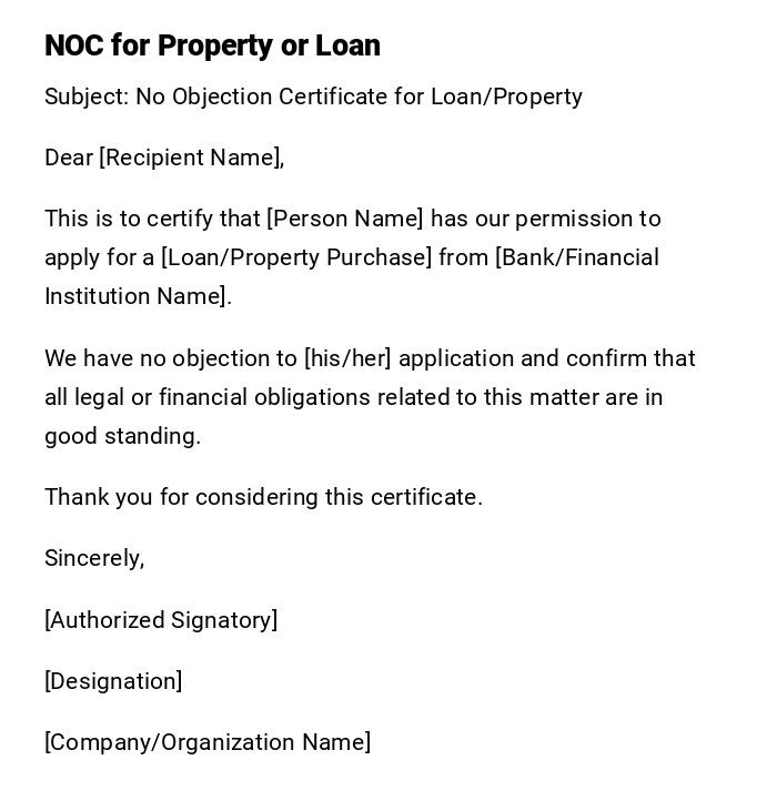 NOC for Property or Loan NOC for Property or Loan