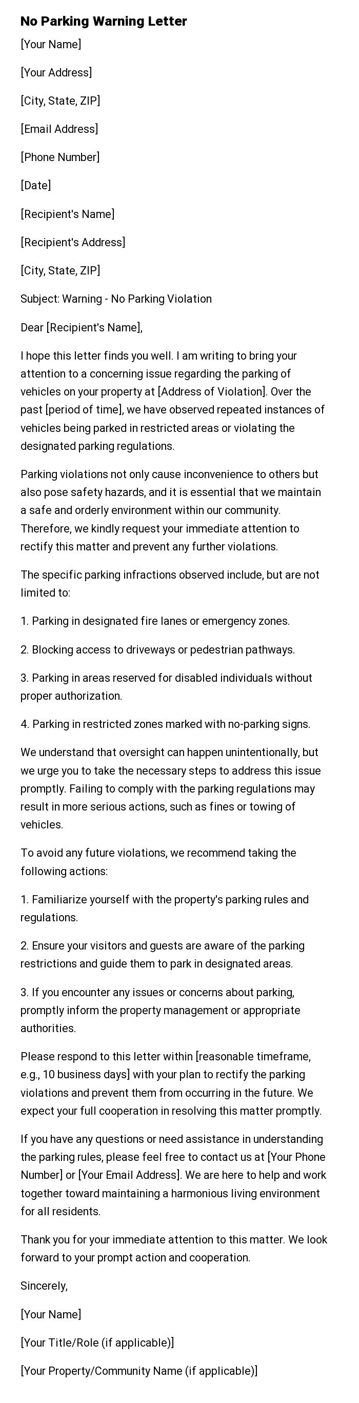 No Parking Warning Letter