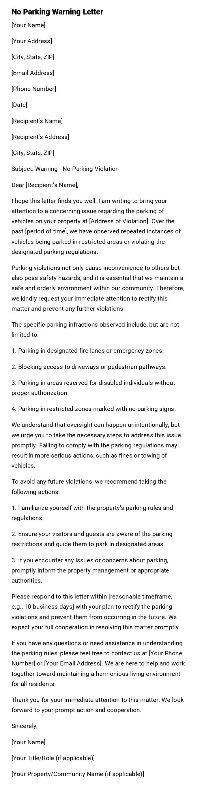 No Parking Warning Letter