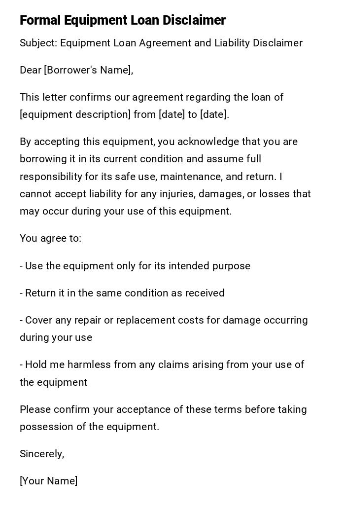 Formal Equipment Loan Disclaimer Formal Equipment Loan Disclaimer