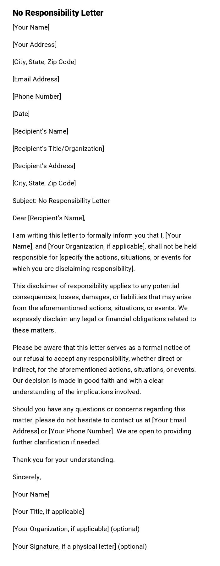 No Responsibility Letter No Responsibility Letter