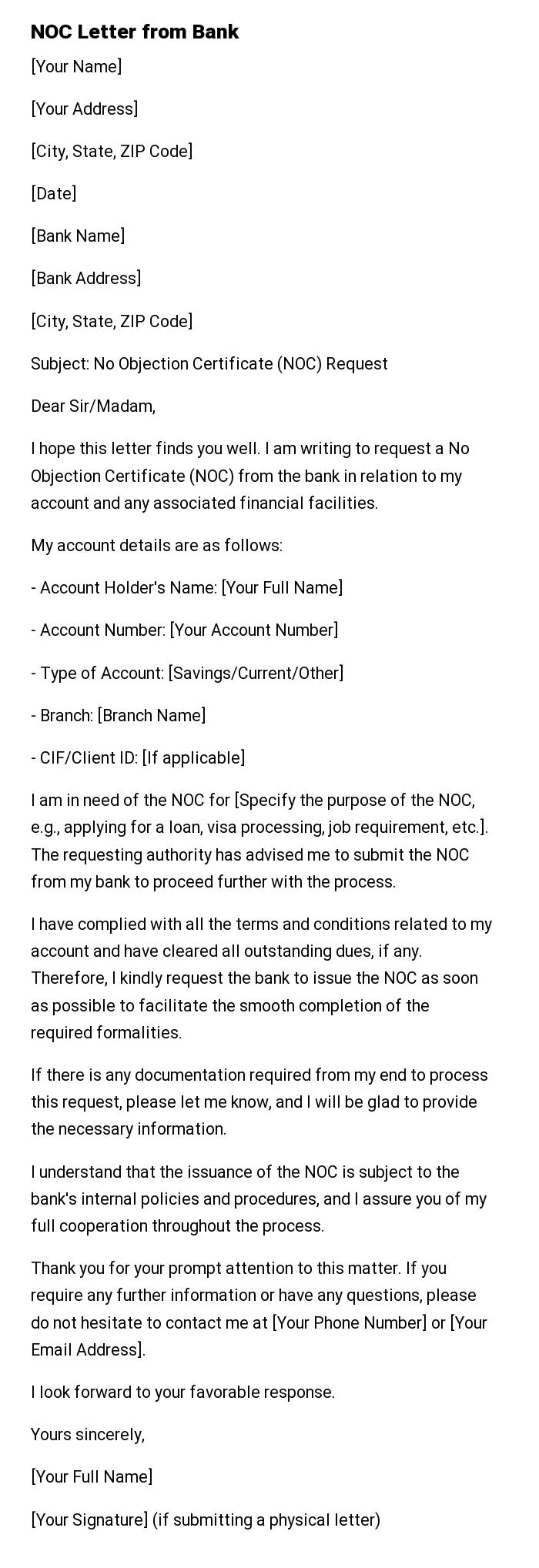 NOC Letter from Bank