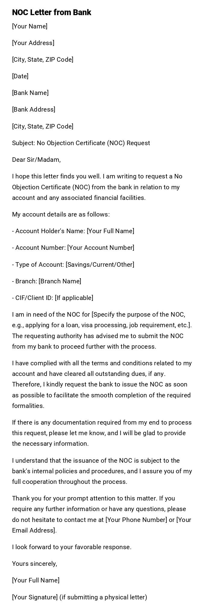 NOC Letter from Bank