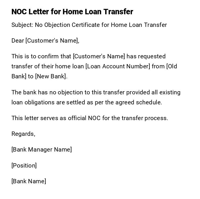 NOC Letter for Home Loan Transfer NOC Letter for Home Loan Transfer