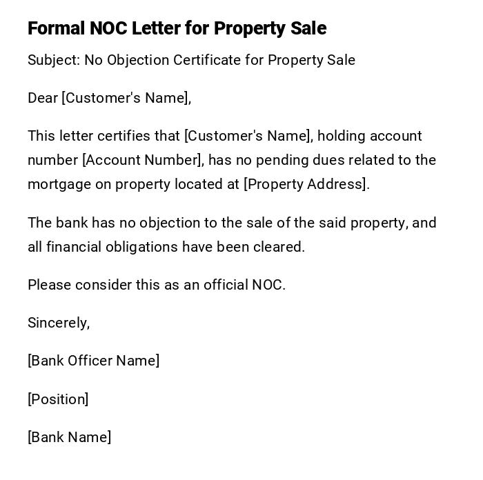 Formal NOC Letter for Property Sale Formal NOC Letter for Property Sale