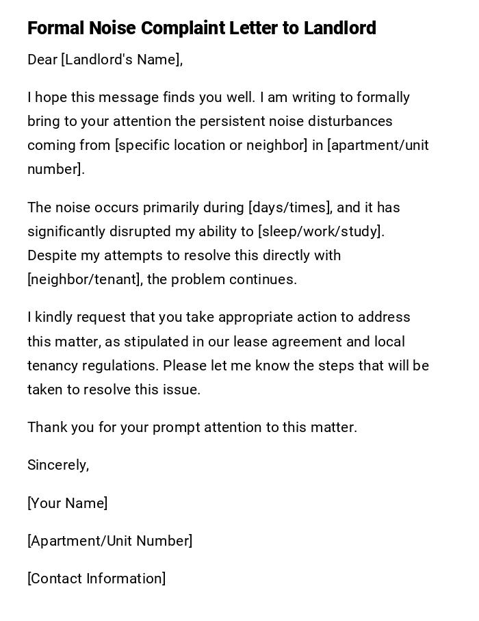 Formal Noise Complaint Letter to Landlord Formal Noise Complaint Letter to Landlord