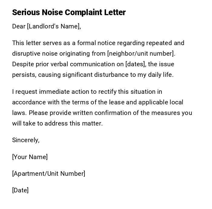 Serious Noise Complaint Letter Serious Noise Complaint Letter