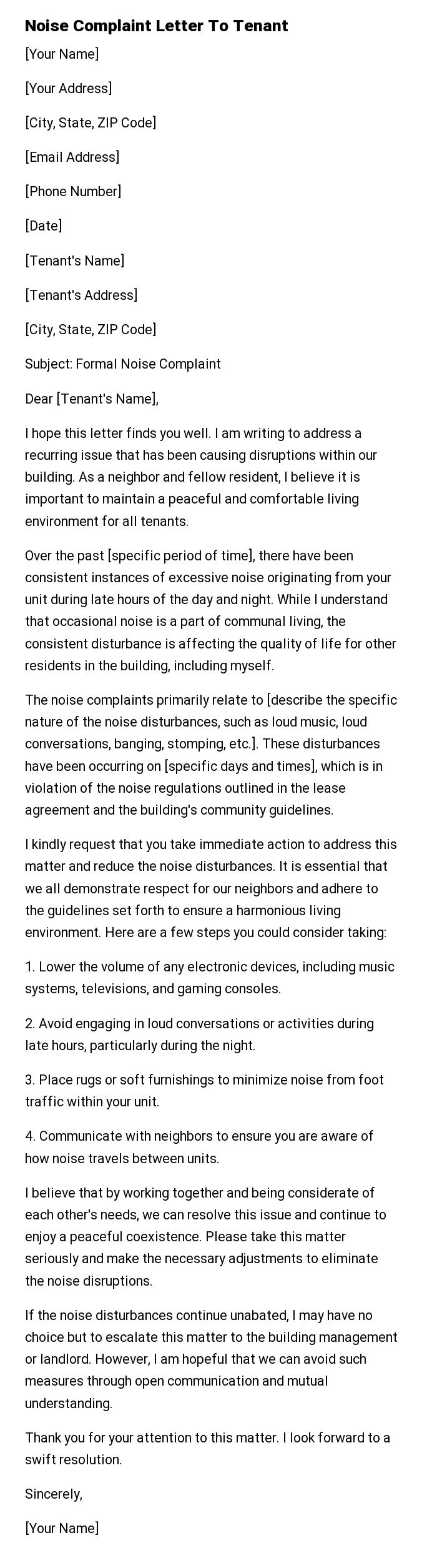 Noise Complaint Letter To Tenant