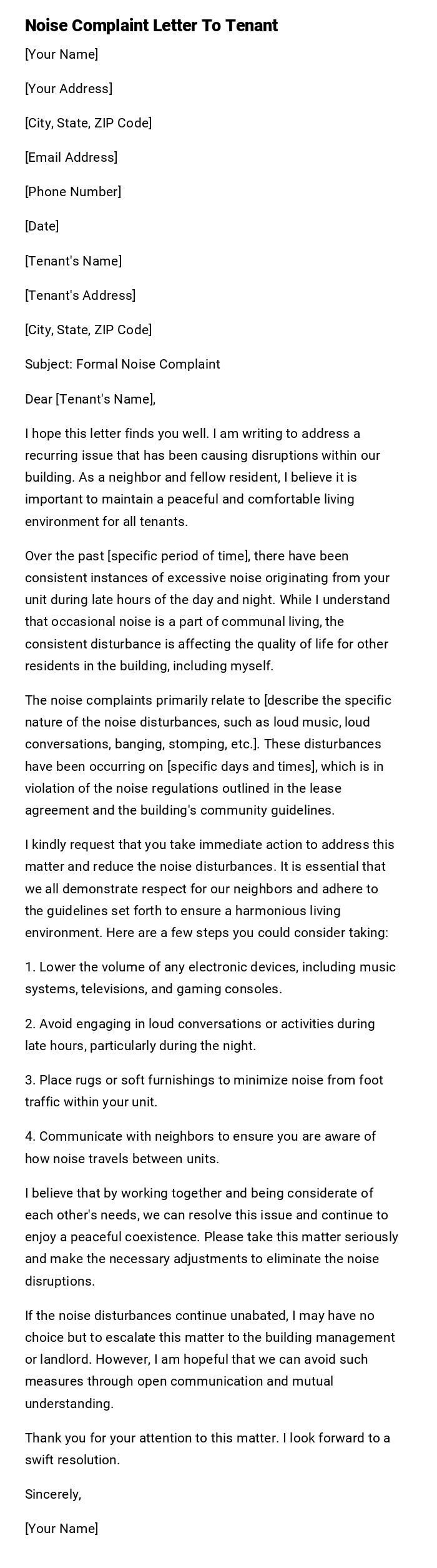 Noise Complaint Letter To Tenant