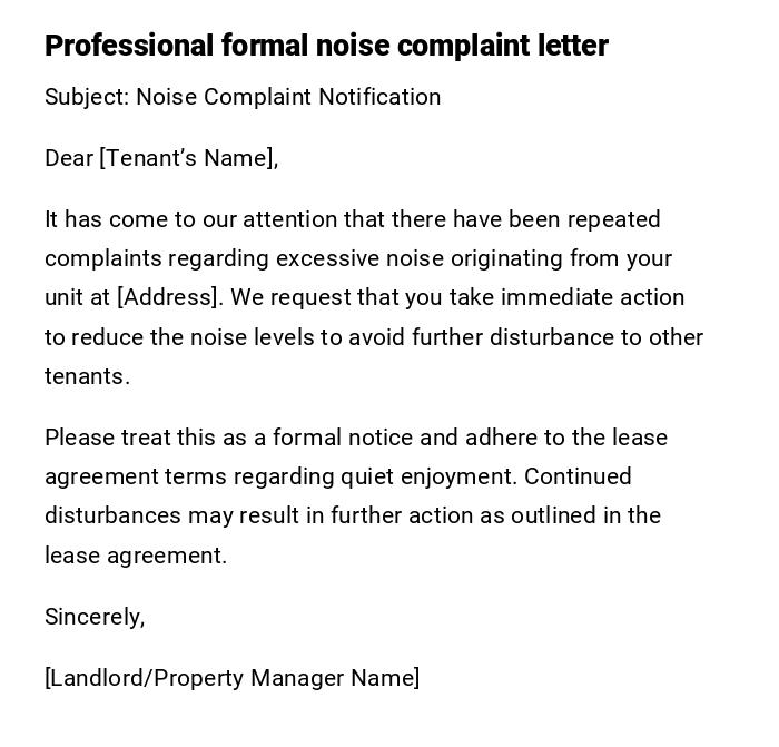 Professional formal noise complaint letter Professional formal noise complaint letter