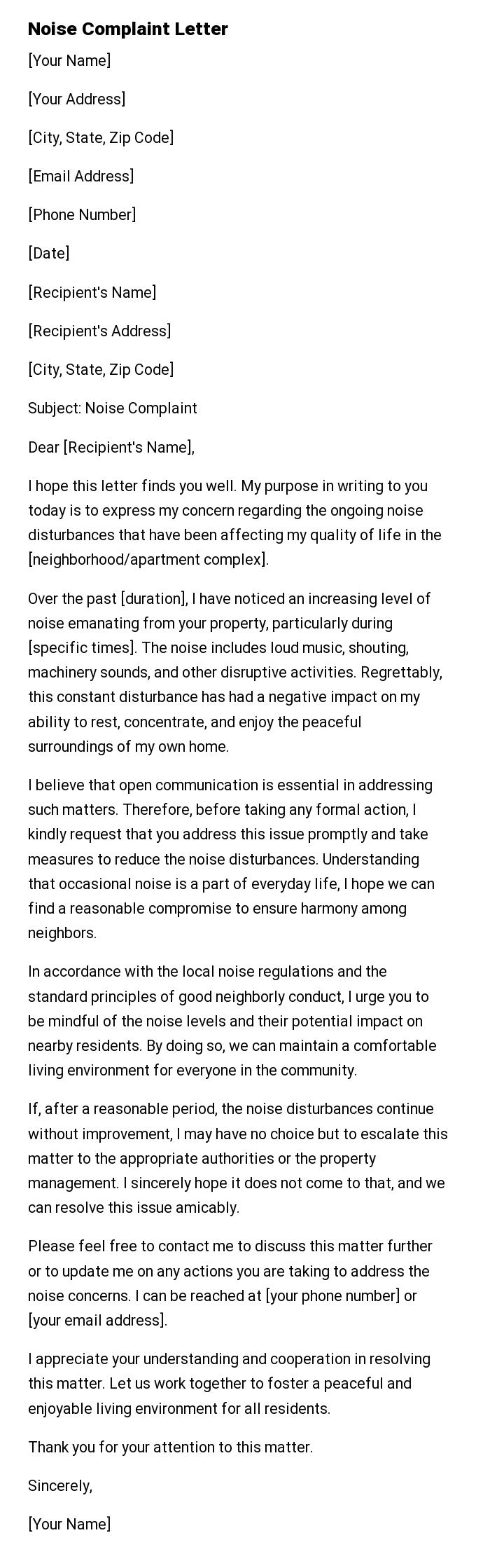 Noise Complaint Letter