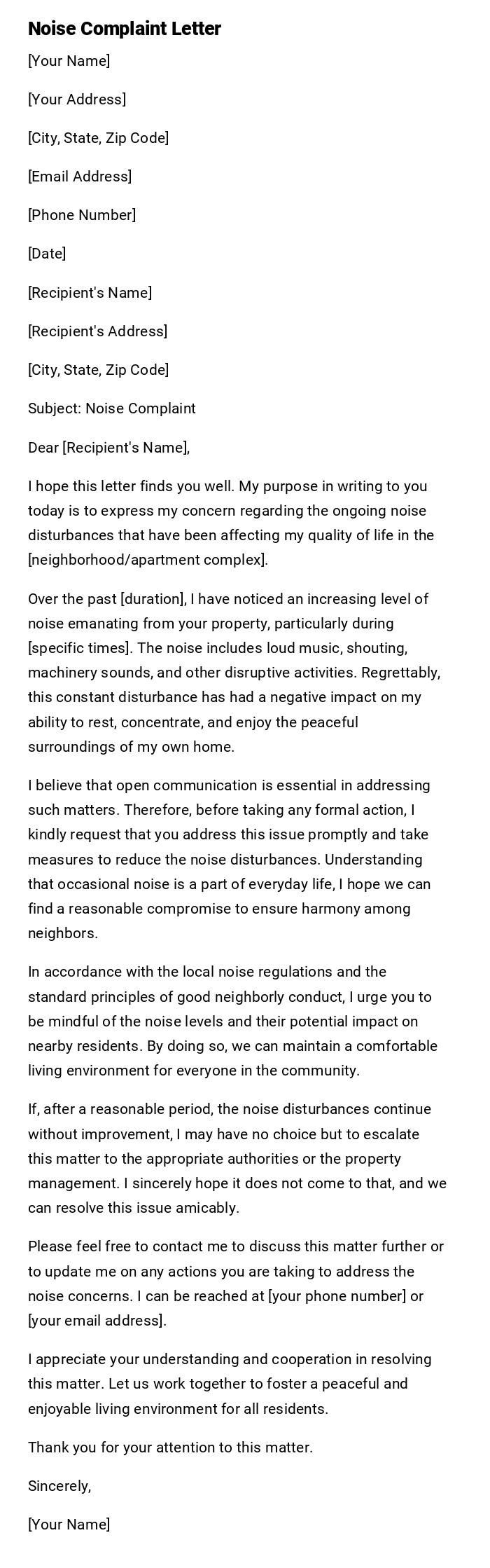 Noise Complaint Letter