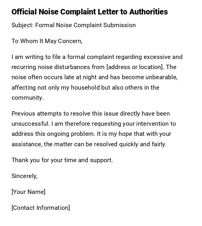 Official Noise Complaint Letter to Authorities Official Noise Complaint Letter to Authorities