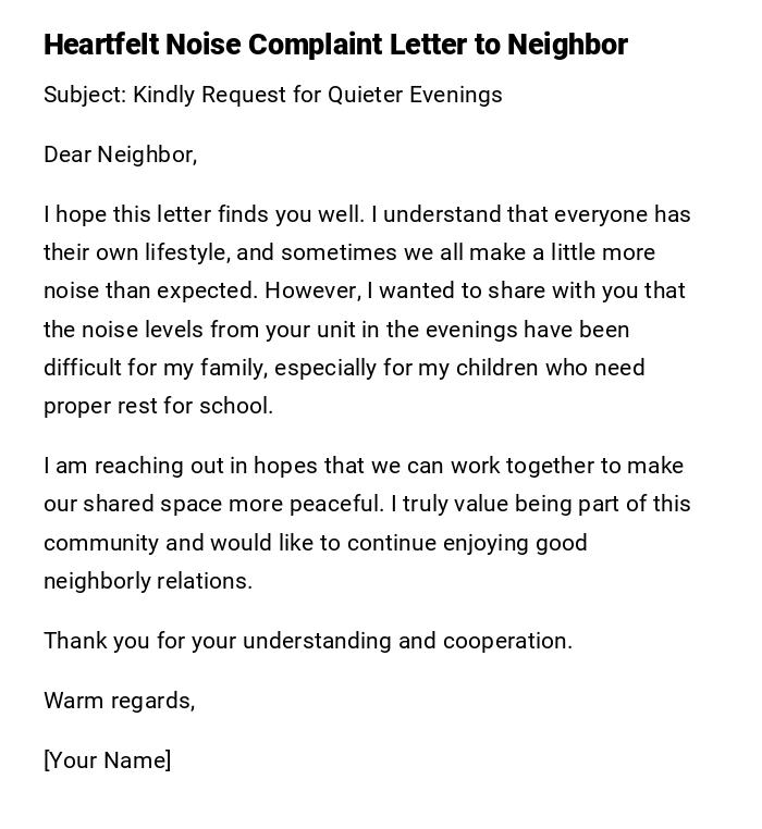 Heartfelt Noise Complaint Letter to Neighbor Heartfelt Noise Complaint Letter to Neighbor