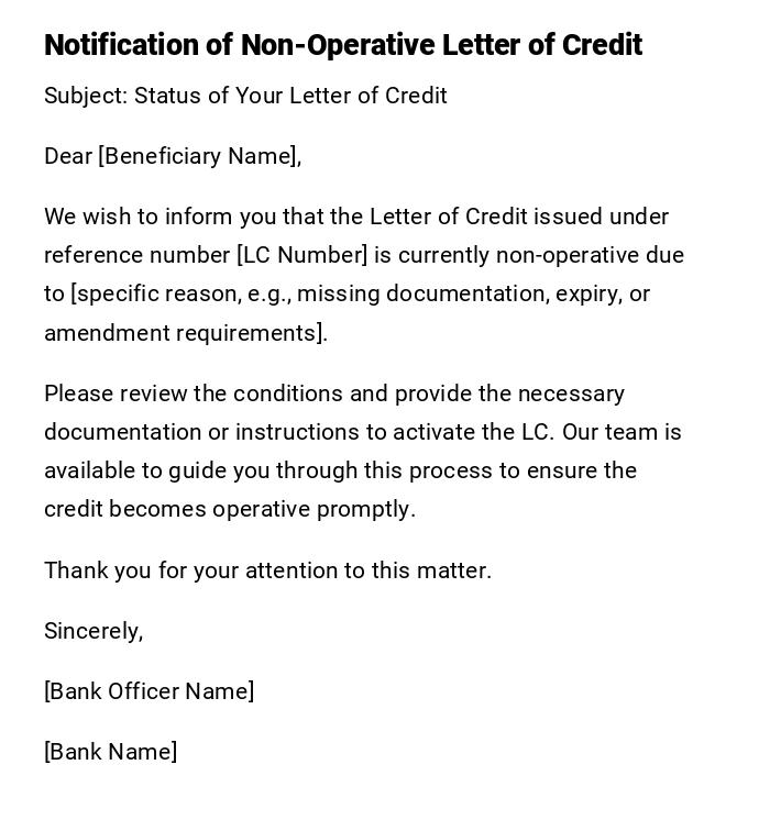 Notification of Non-Operative Letter of Credit