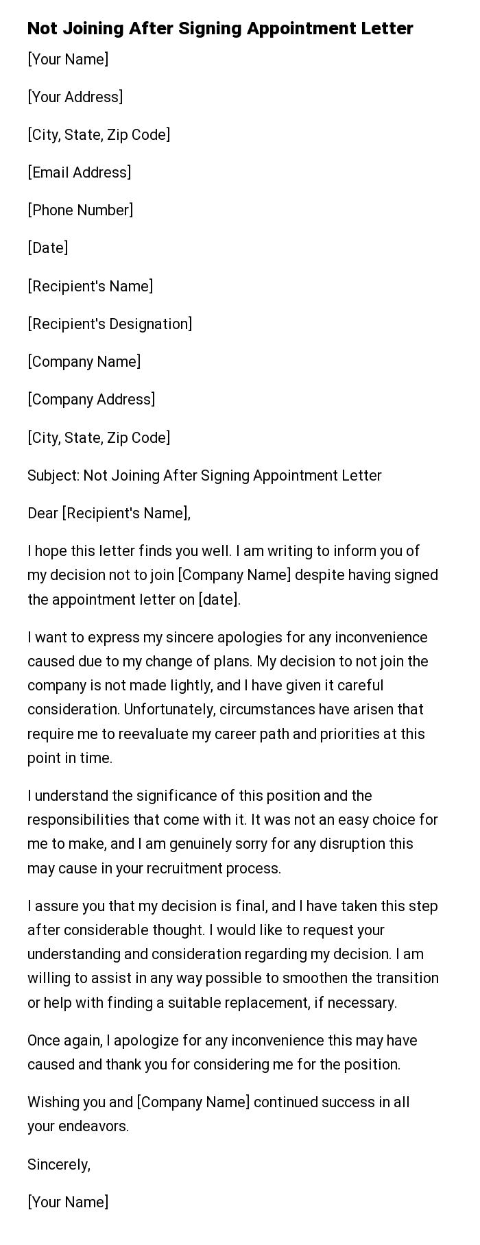 Not Joining After Signing Appointment Letter