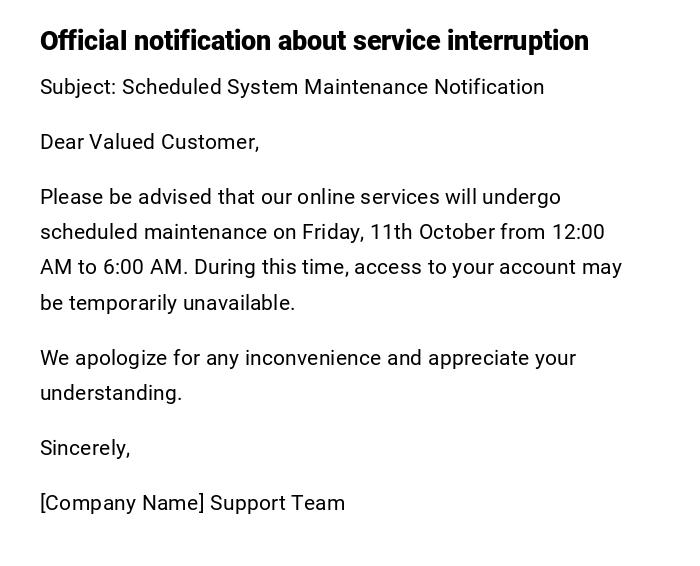Official notification about service interruption