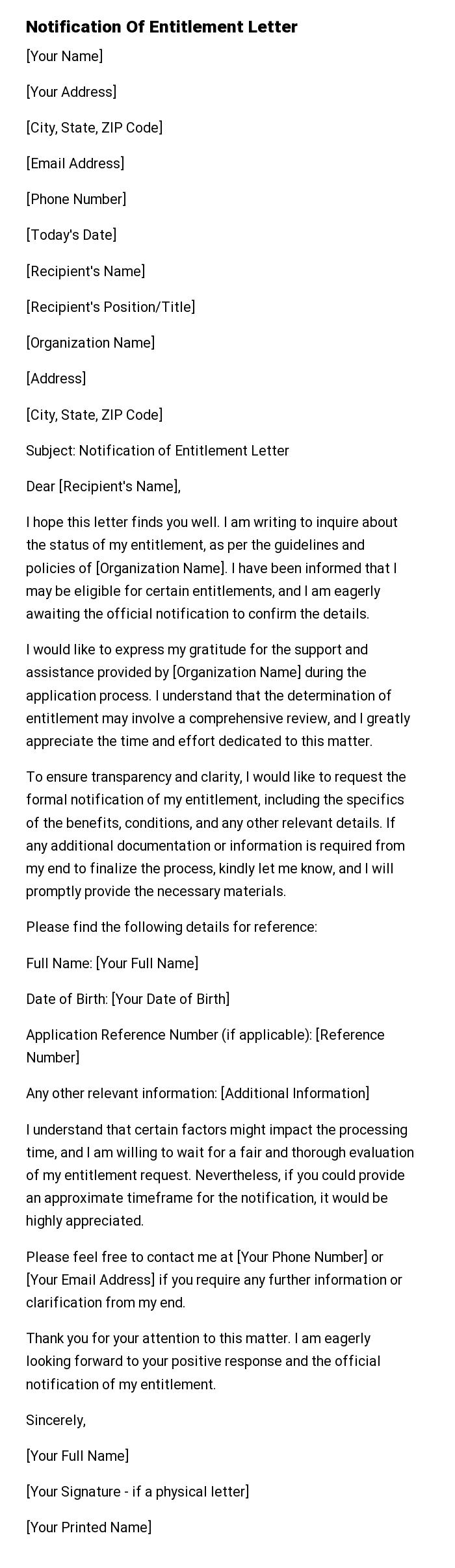 Notification Of Entitlement Letter