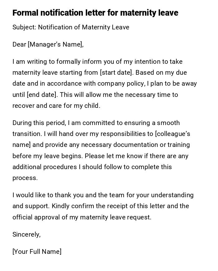 Formal notification letter for maternity leave Formal notification letter for maternity leave