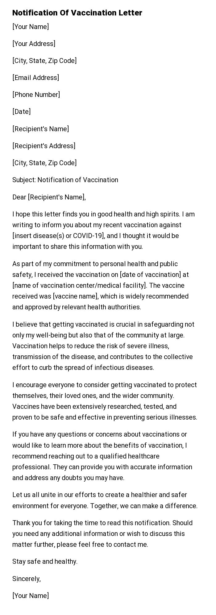 Notification Of Vaccination Letter