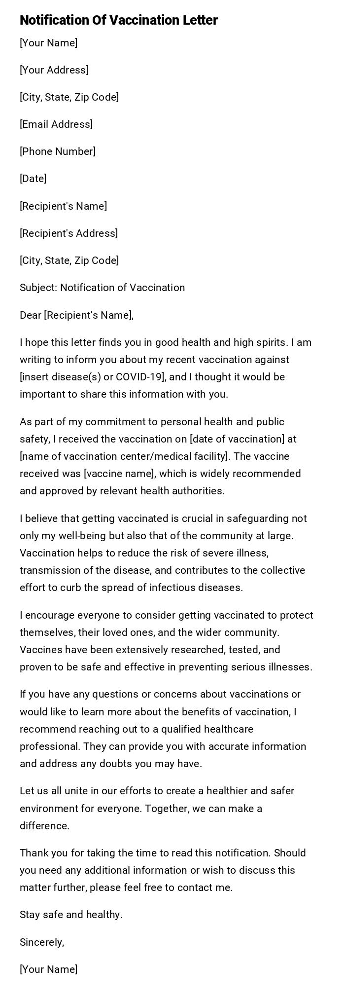 Notification Of Vaccination Letter