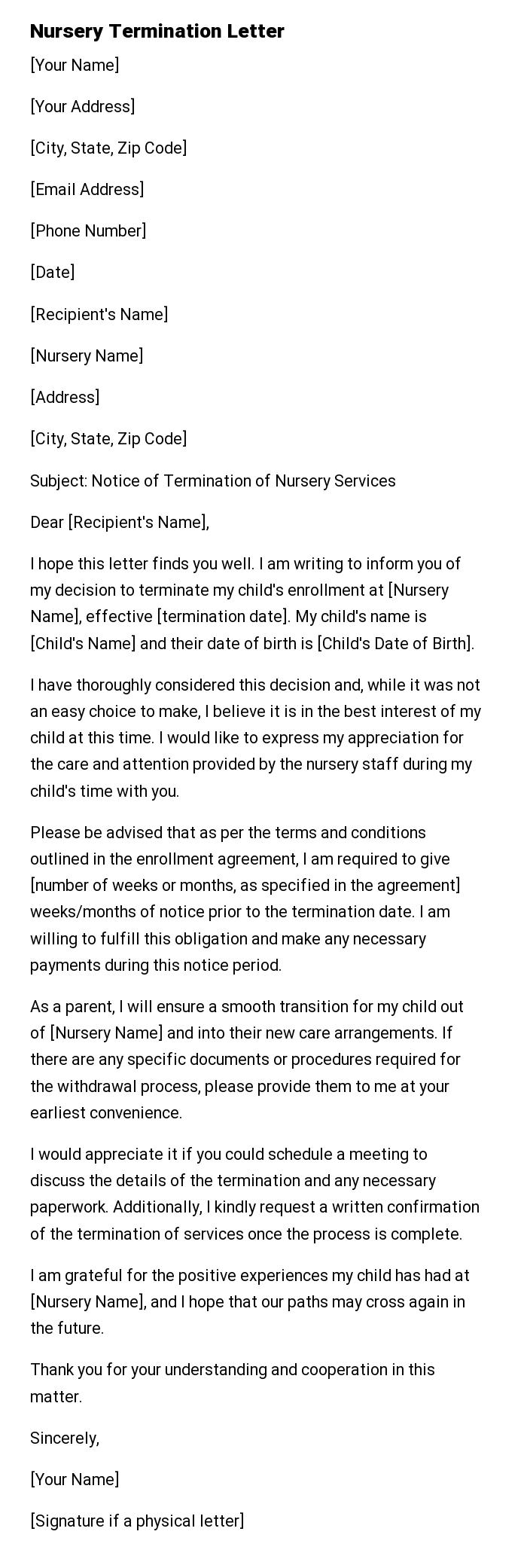 Nursery Termination Letter