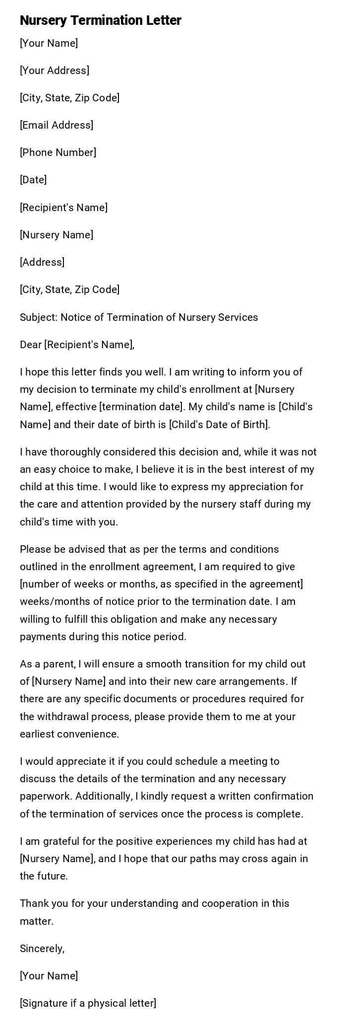 Nursery Termination Letter