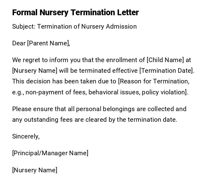 Formal Nursery Termination Letter Formal Nursery Termination Letter