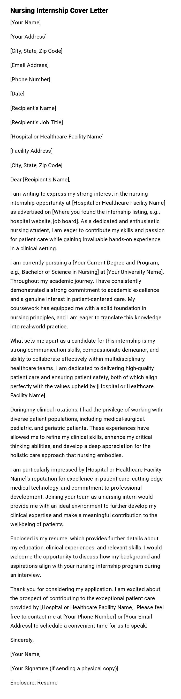 Nursing Internship Cover Letter