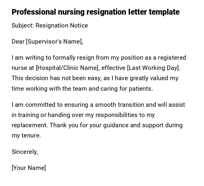Professional nursing resignation letter template Professional nursing resignation letter template