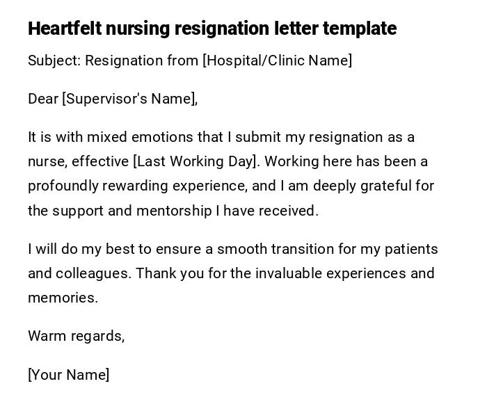 Heartfelt nursing resignation letter template Heartfelt nursing resignation letter template